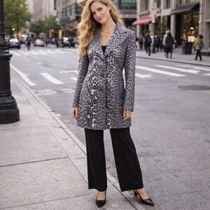 Tahari‎ Women's Grey Black Leopard Print Trench Coat Jacket Size M